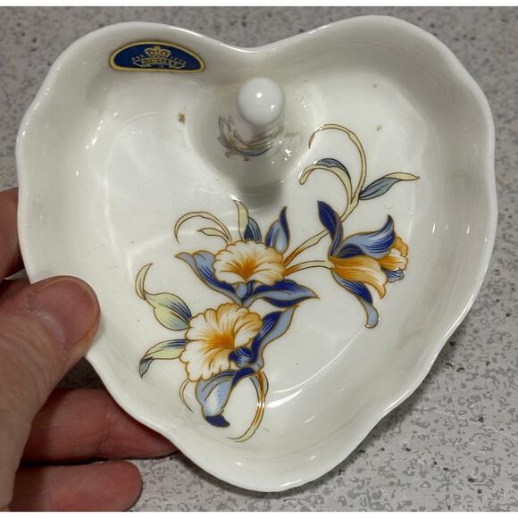 Aynsley Just Orchids heart shaped ring dish bone china floral yellow white blue - Picture 2 of 8